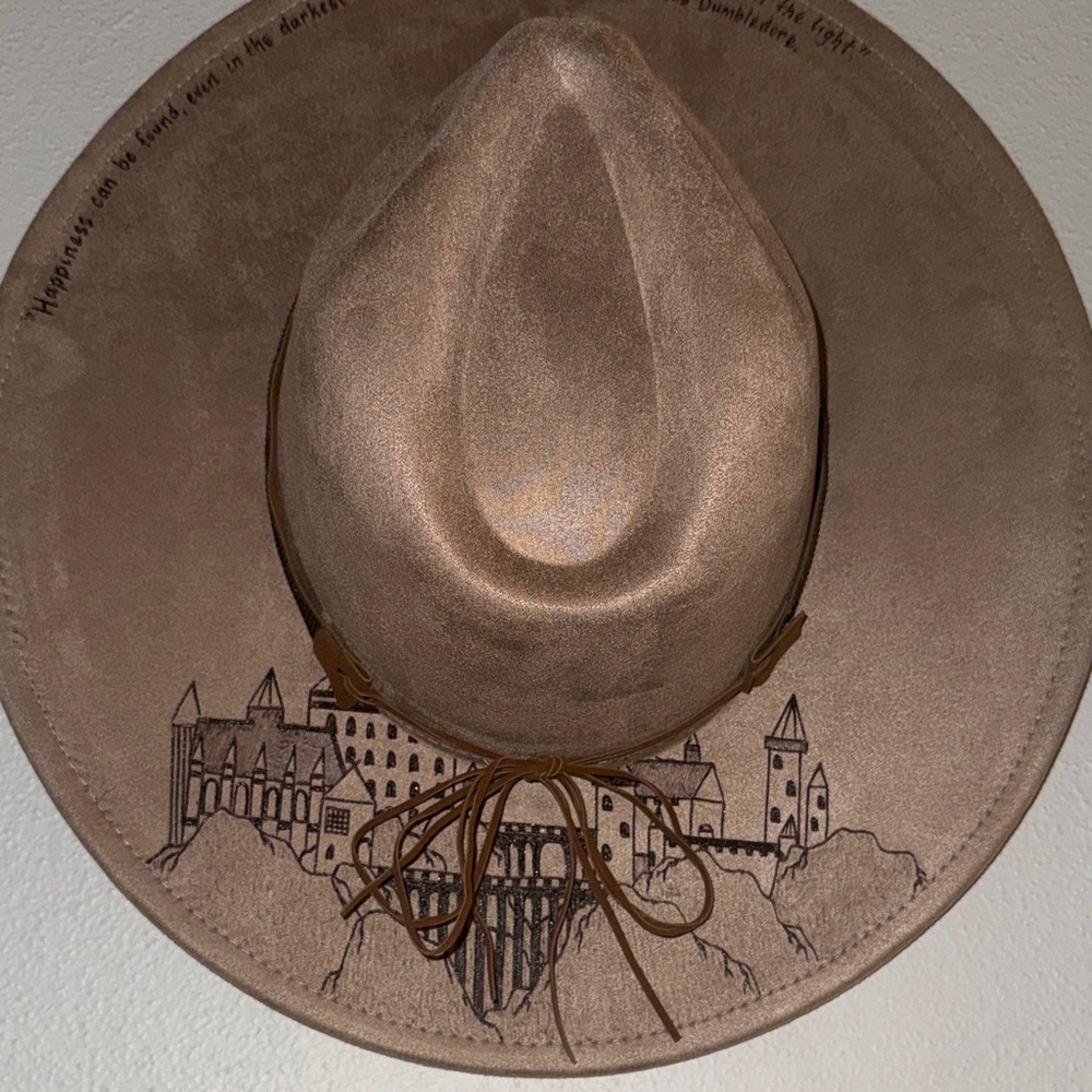 Tan Wide Brim Hat with Castle Design